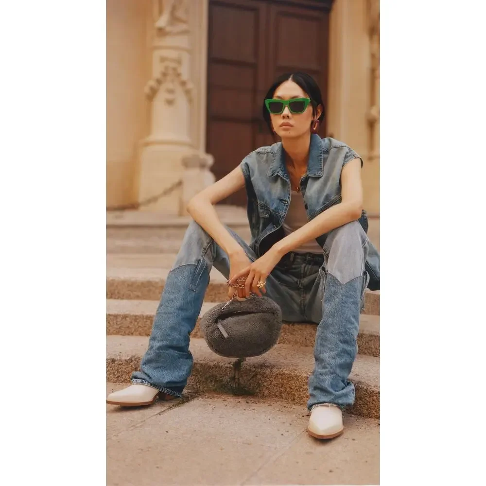 R13 Mid Cowboy Boots with Denim Sleeve Shaft Indigo Blue Ivory Size 38 NIB $1395 - Picture 15 of 16